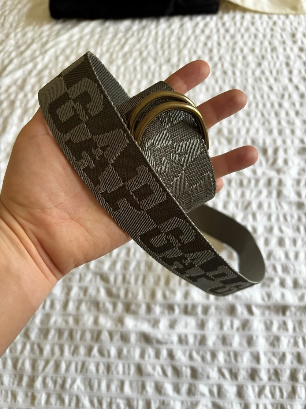 GAP Olive Gray Jacquard Webbing Belt with Gold Double-Ring Buckle